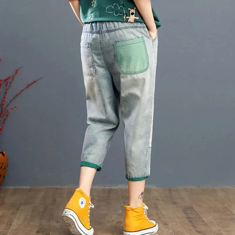 Women Jeans 2023 Summer High Waist Patch Denim Cropped Pants Female New Elastic Waist Embroidered Color Matching Harem Pants A67