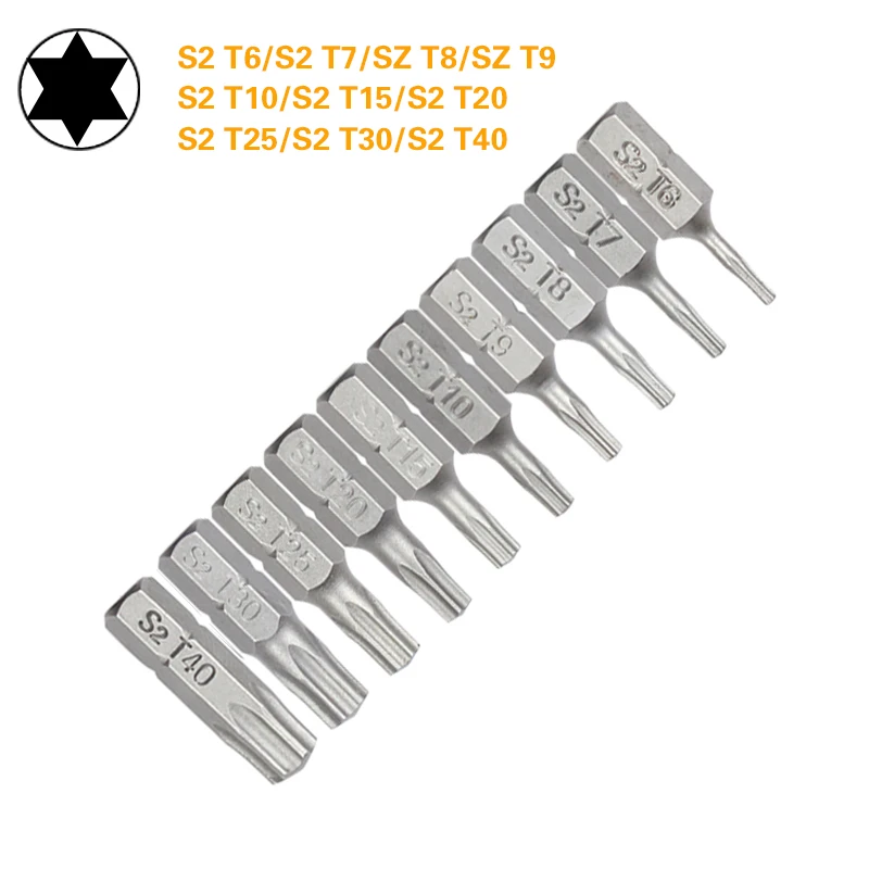 1 Inch T6 T7 T8 T9 T10 T15 Torx Screwdriver Bit Set S2 Steel 1/4 Inch 6.35mm Hex Shank Electric Screwdriver Bits For Power Tools