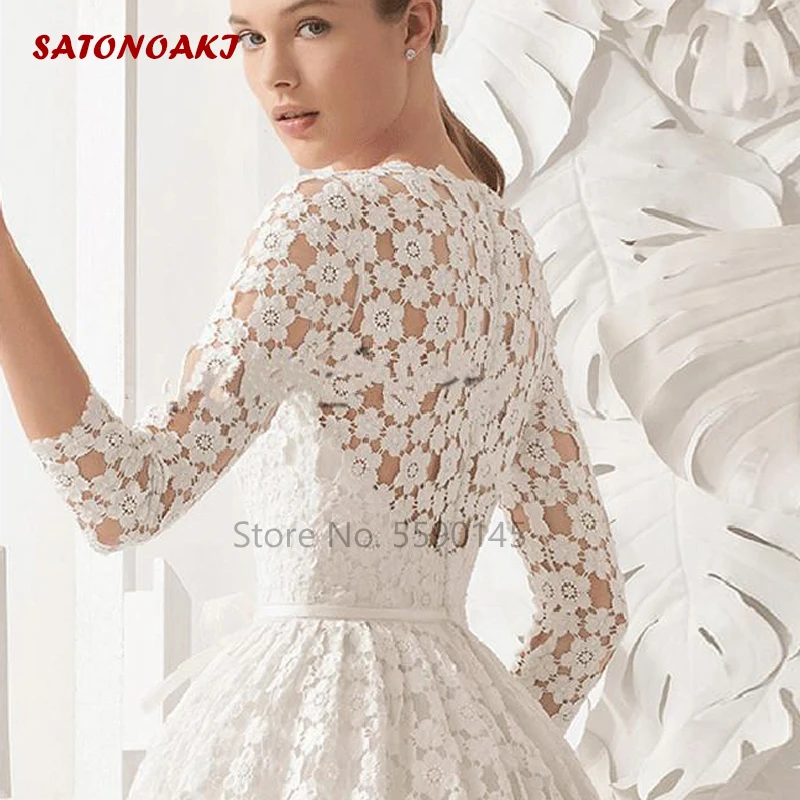 2024 elegante abito da sposa corto in pizzo scollo tondo lunghezza al ginocchio manica lunga semplice una linea abito da sposa formale Vestido De