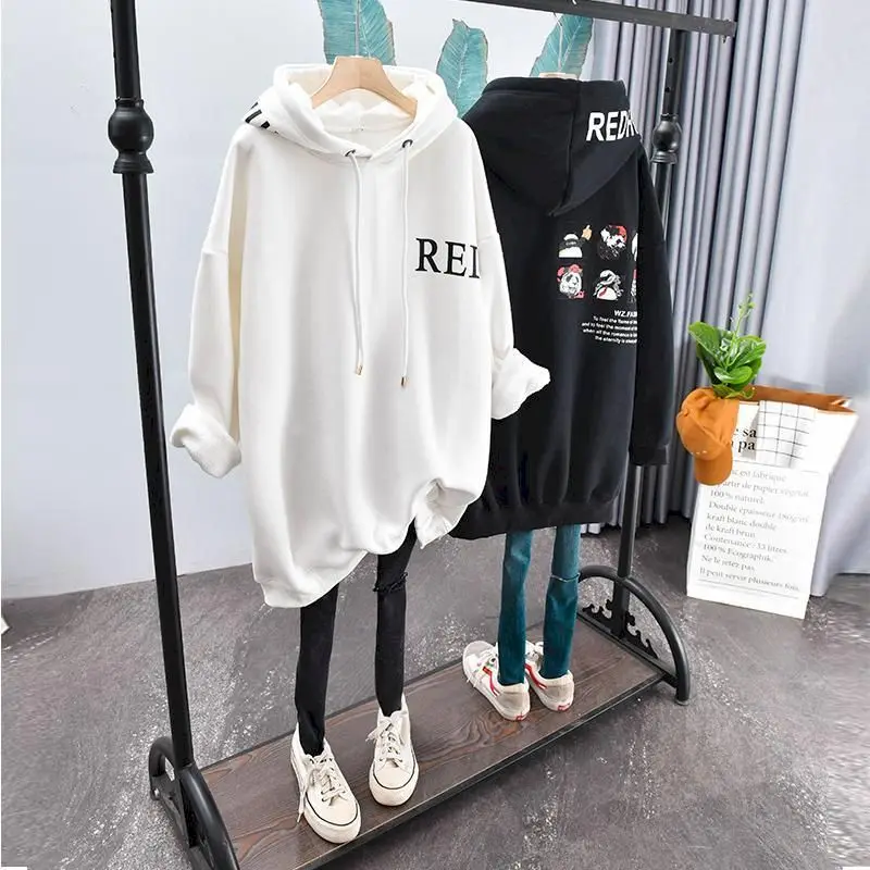 Women\'s Hoodies Autumn Winter Plus Velvet Thick Couple Clothes 2024 New Cartoon Letters Large Size Loose Mid-length Jacket Coat