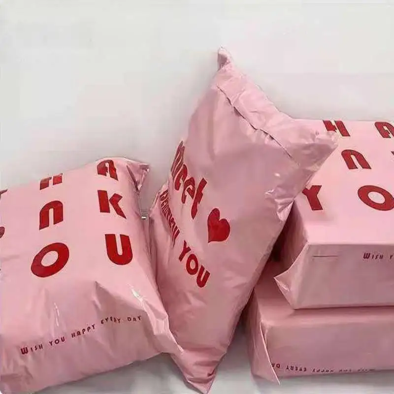 50Pcs/Lot Opaque PE Plastic Express Envelope Storage Bags Pink Bag Red Logo Color Mailing Bags Self Adhesive Seal Courier Bag