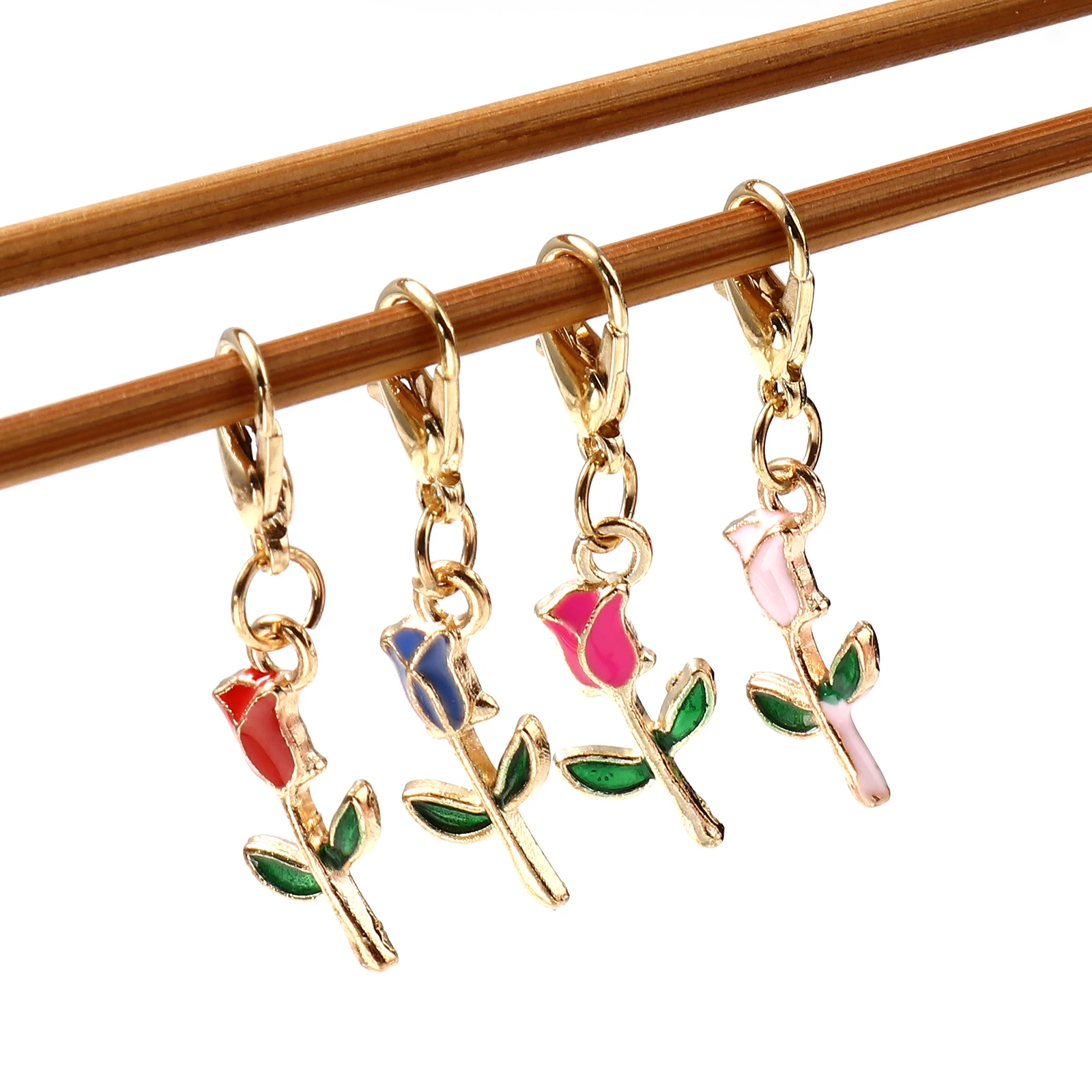 4pcs Handamde Knitting Stitch Markers Multicolor Rose Flower Enamel Pendants Lobster Clasp Crochet Latch DIY Craft Knitting Tool