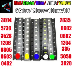 100pcs = 5 colori x 20pcs 0402 2835 1210 1206 0805 0603 3014 3020 Assortimento SMD LED Diodo kit Verde/ROSSO/Bianco/Blu/Giallo