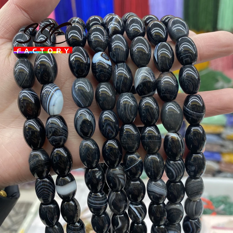 Natural Stone Beads Black Striped Agates Bead Rice Shape Beads For Jewelry Making DIY Bracelets Accessories 6x10mm 10x14mm 15