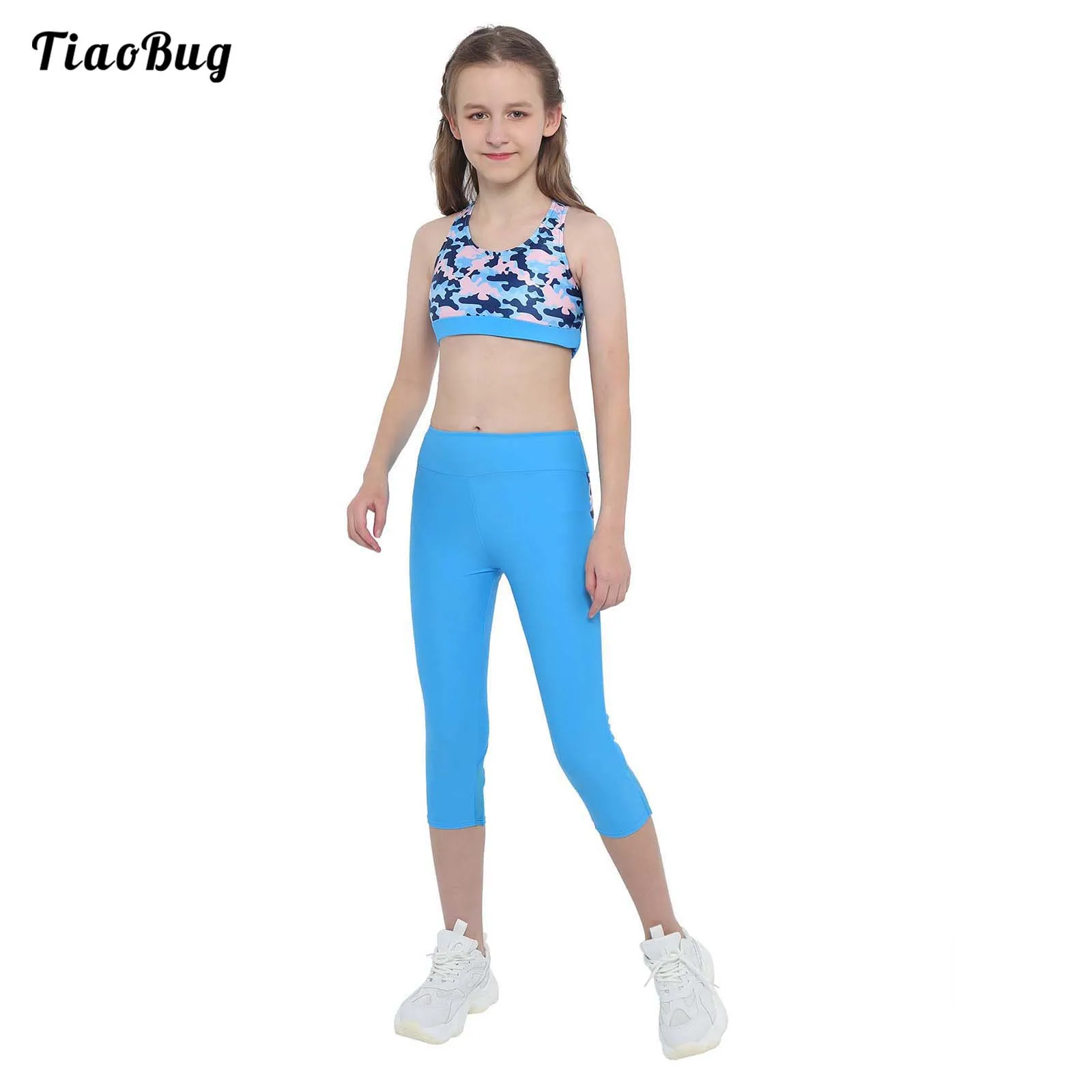 Summer 2Pcs Kids Girls Printed Sport Suit U Neck Sleeveless Tank Top Mesh Patchwork Pants Set Running Gym Yoga Fitness Sportwear