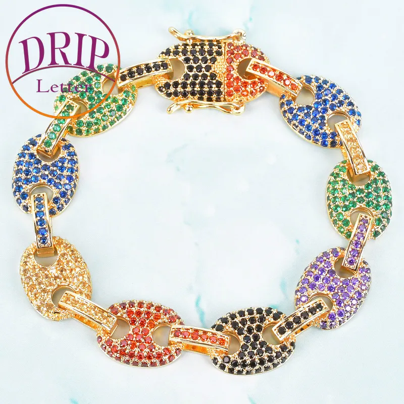 

Drip Letter Bracelets for Women Real Copper Material Iced Out Cubic Zircon Hip Hop Jewelry Mixed Color Cuban Link