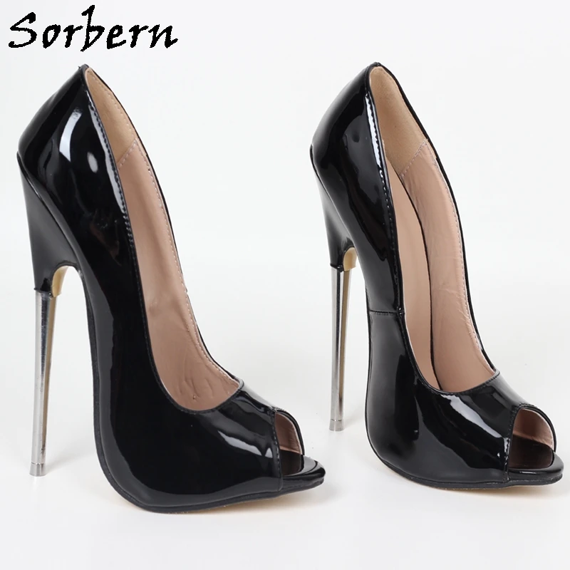 Sorbern Black Women Pumps Metal High Heels 18Cm Sexy Fetish Lady Boy Peep Toe Heeled Unisex Slip On Crossdresser Shoes Custom