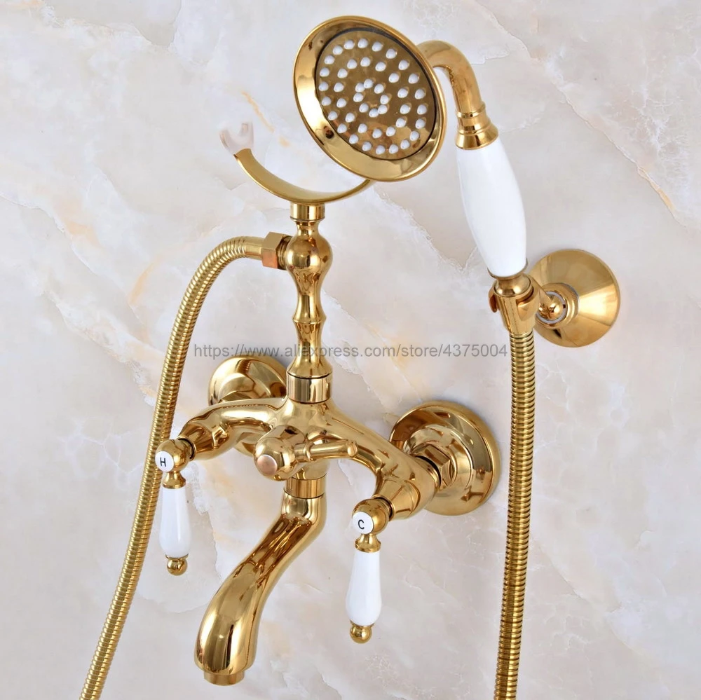 

Luxury Bathtub Faucets Gold Brass Bathroom Faucet Mixer Tap Wall Mounted Hand Held Shower Head Kit Shower Faucet Sets Nna966