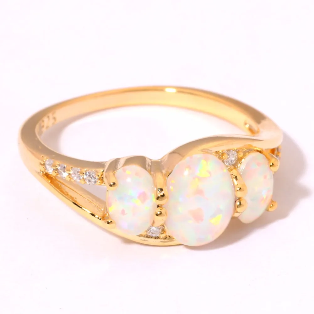 Cinily ホワイトファイヤーオパール充填指輪イエローゴールド色の女性リングオーバル石ボヘミアボヘミアン夏の宝石類のギフト女性