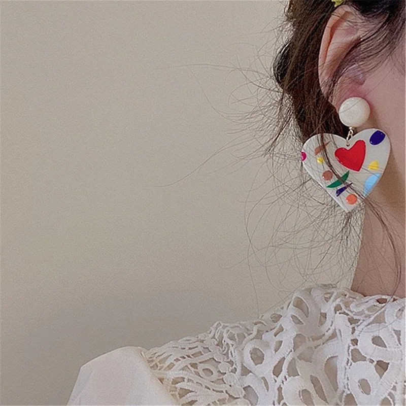 Korean Acrylic Big Heart Dangle Drop Earrings for Women Girls Cute Sweet Colorful Students Party Wedding Fashion Jewelry Gifts