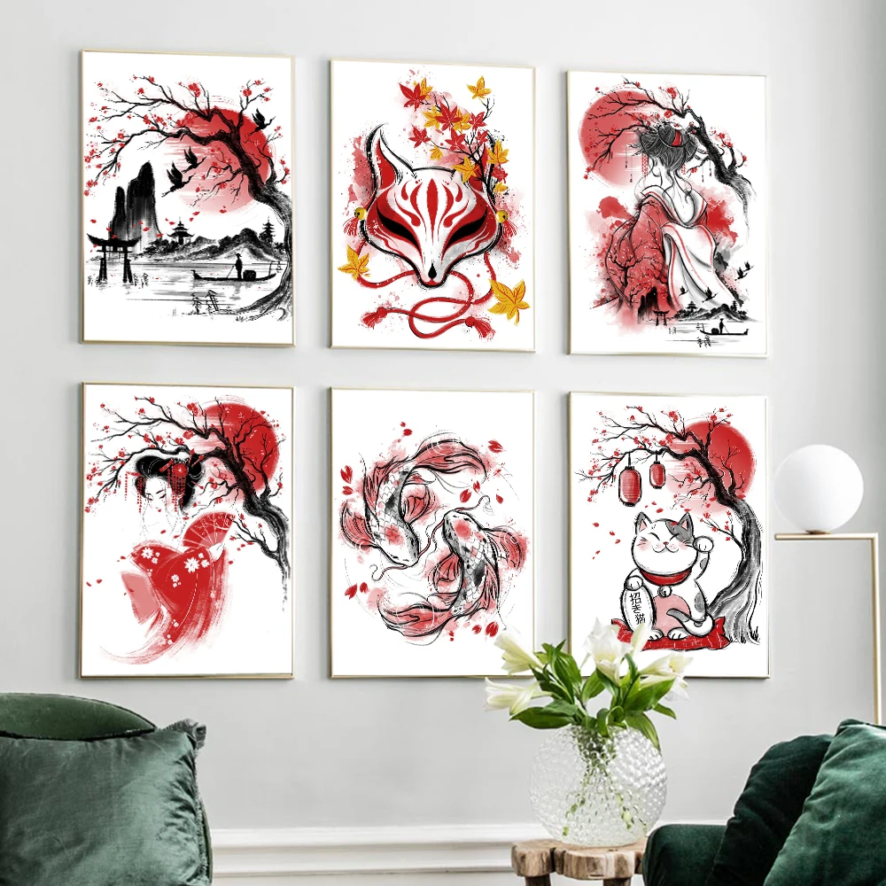 Home decor prints painting pictures wall art ruby geisha japanese koi fox modular nordic canvas poster modern bedside background