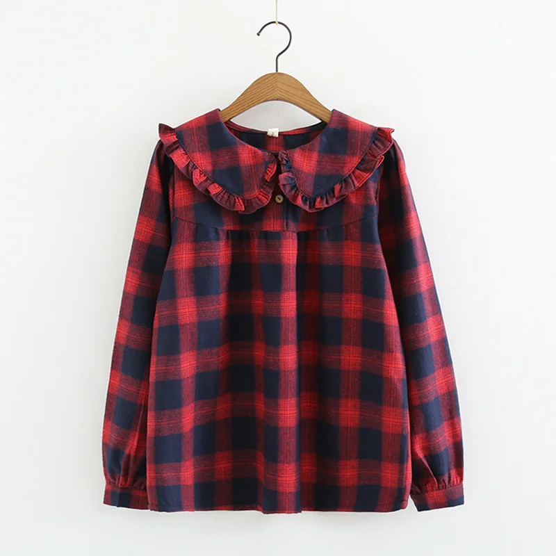 Kawaii Frilly Peter pan Collar Long Sleeve Blouse Women Spring Autumn Teen Girls Babydoll Tops Cotton Plaid Shirt chemisier