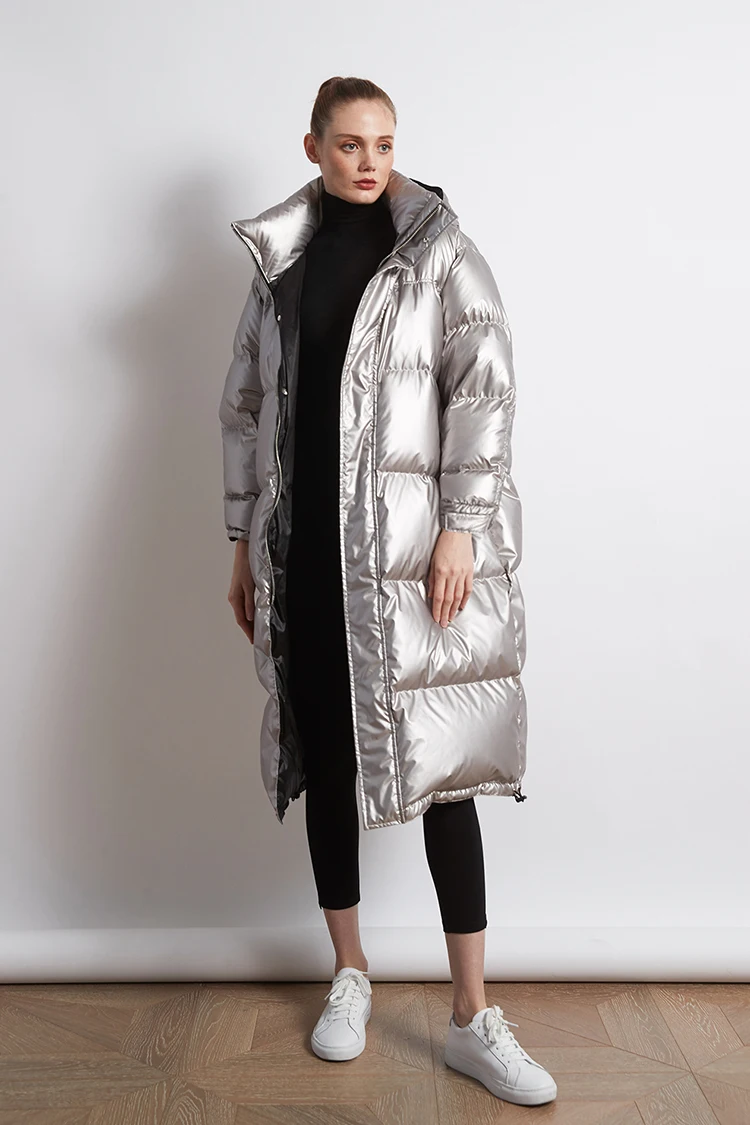 Winter glänzend helle silber dicker warme ente unten mäntel weibliche Oversize parkas über die knie lange mit kapuze Unten jacken warme mantel