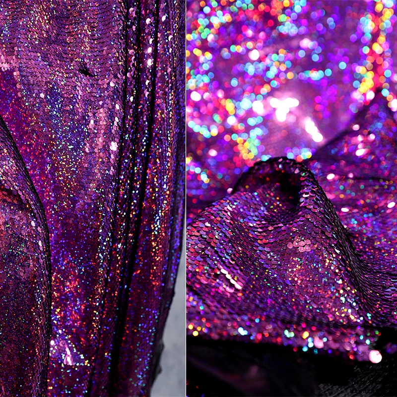 Crystal purple two-tone metal texture small fish scale sequin fabric high-end net yarn clothing designer fashion fabric X0882