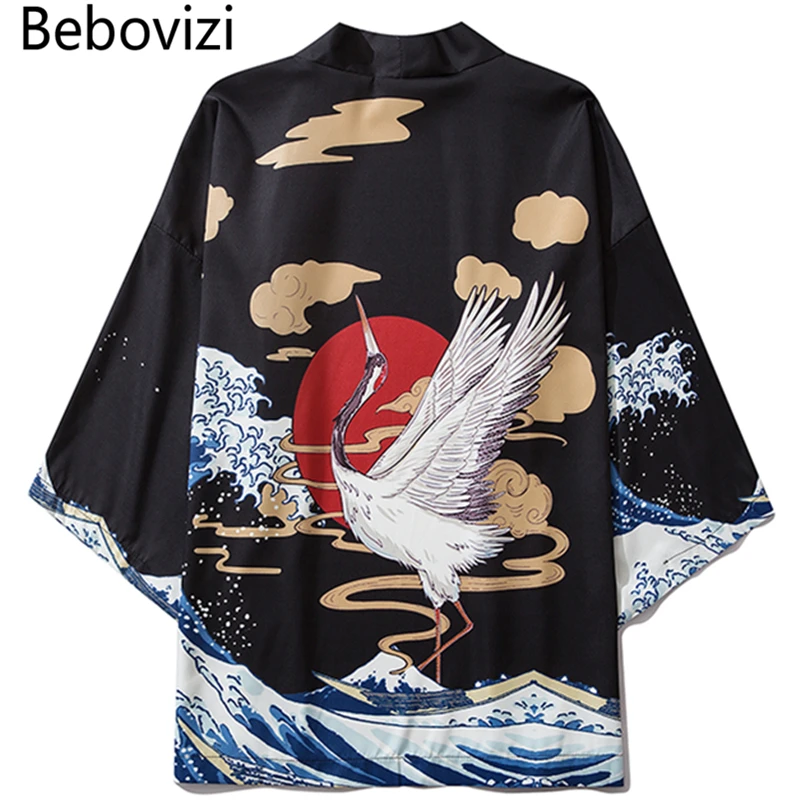 

Bebovizi Japanese Style Crane Wave Kimono Women Men Cardigan Shirt Yukata Haori Obi Clothing Vintage Tradition Blouse Clothes