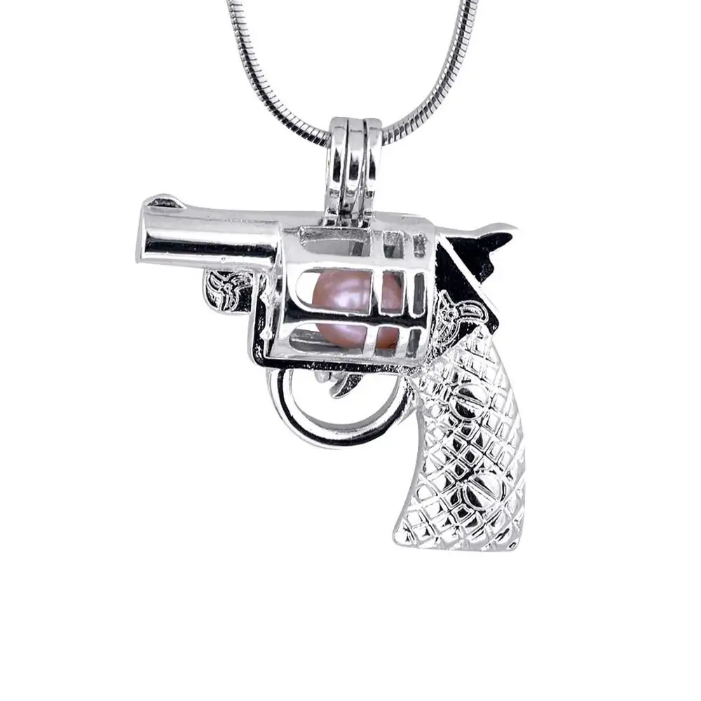 Rhodium Plated Gun Shape Cage Pendant Can Open To Hold A 8mm Bead Pistol Pendant Fitting