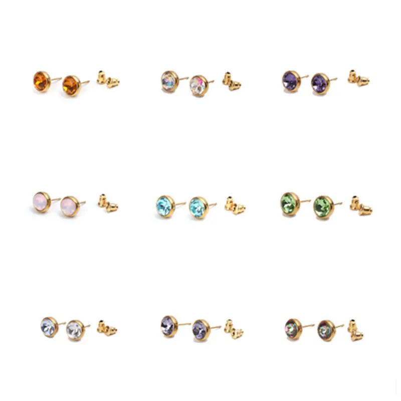 2 PCs Stainless Steel Ear Post Stud Earrings Gold Round Multicolor Rhinestone Jewrlry 10mm Dia., Post/ Wire Size: (20 gauge)