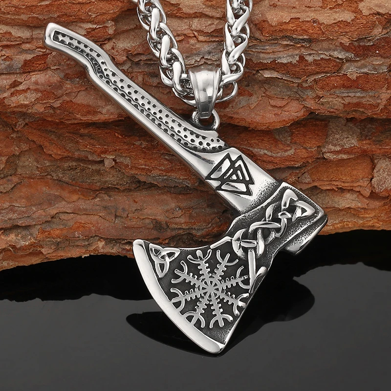 

[316 Stainless Steel] Nordic Double-sided Viking Tomahawk Odin Triangle Guardian Awe Helmet Men's and Women's Pendant Necklace