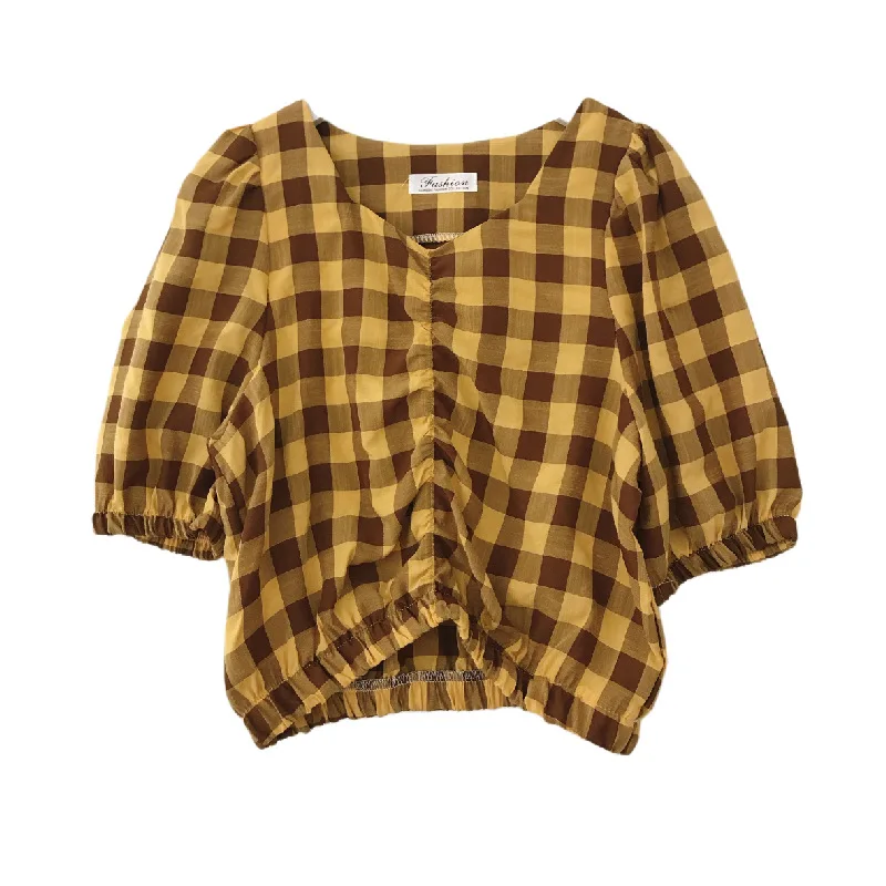 Vintage Plaid Blusen Hemd Frauen 2020 Farbe Block Casual Kühlen Elegante Puff Sleeve V-ausschnitt Chic Kurze Bluse Tops Weibliche blusas