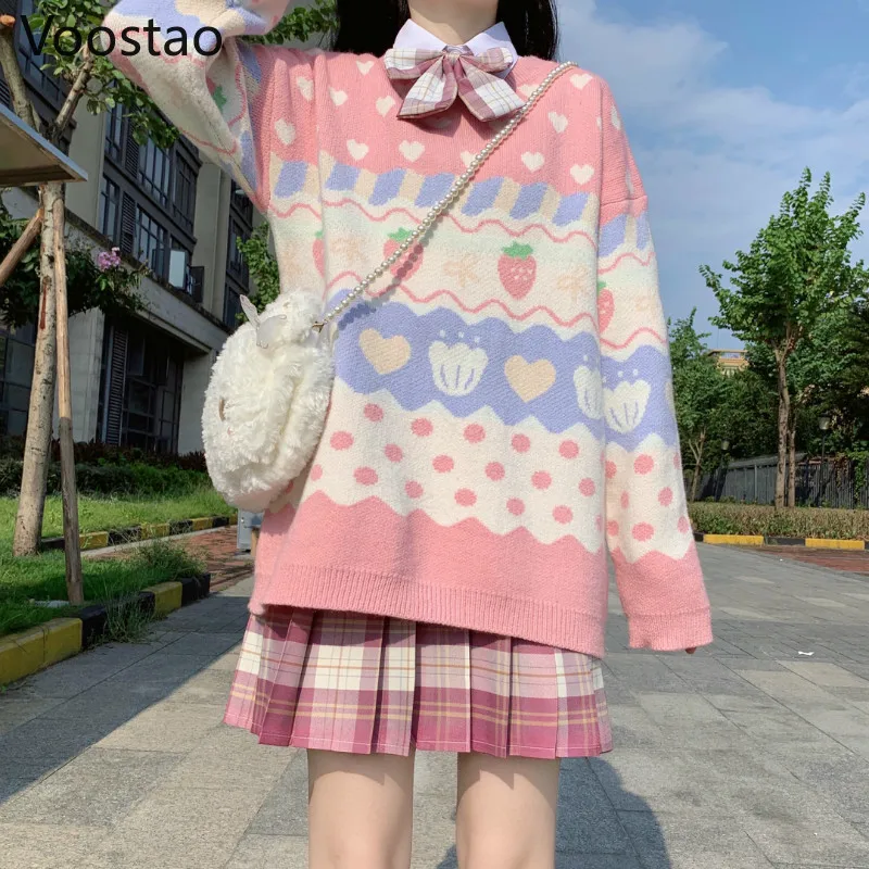 Autumn Winter Knitted Women Sweet Strawberry Print Pullovers Spring Fashoin Girls Japanese Style Casual Loose Sweaters Outwear