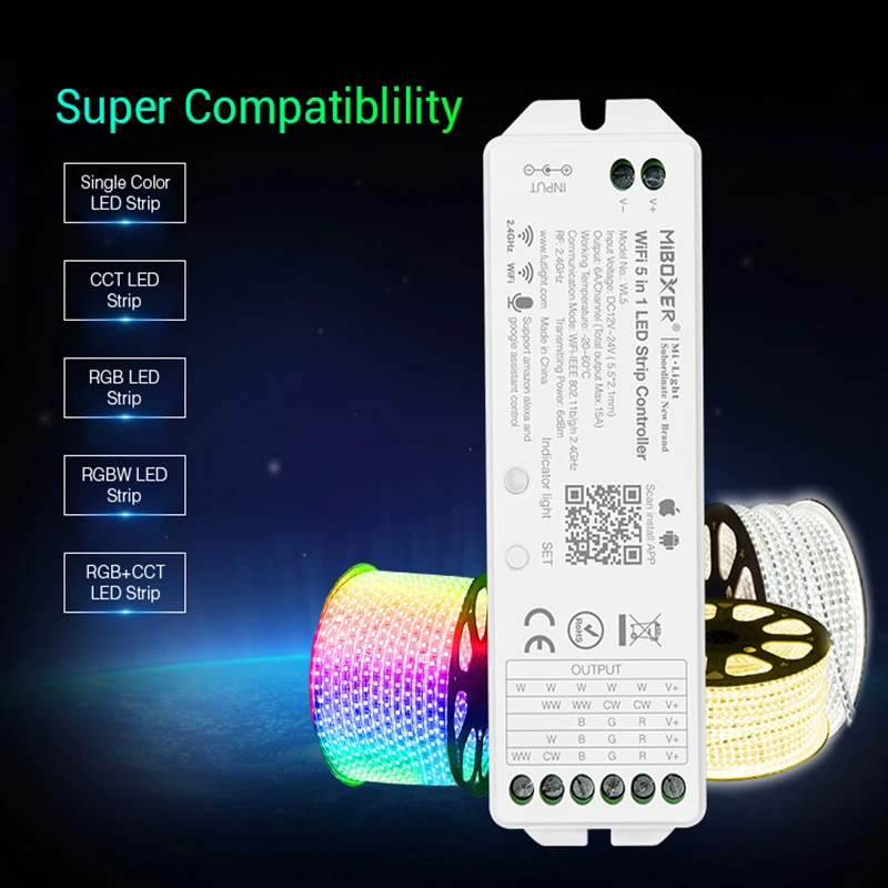 Miboxer WL5 2.4G 15A 5 IN 1 WiFi LED Controller For Single Color CCT RGB RGBW RGB+CCT Led Strip Support  Alexa Voice