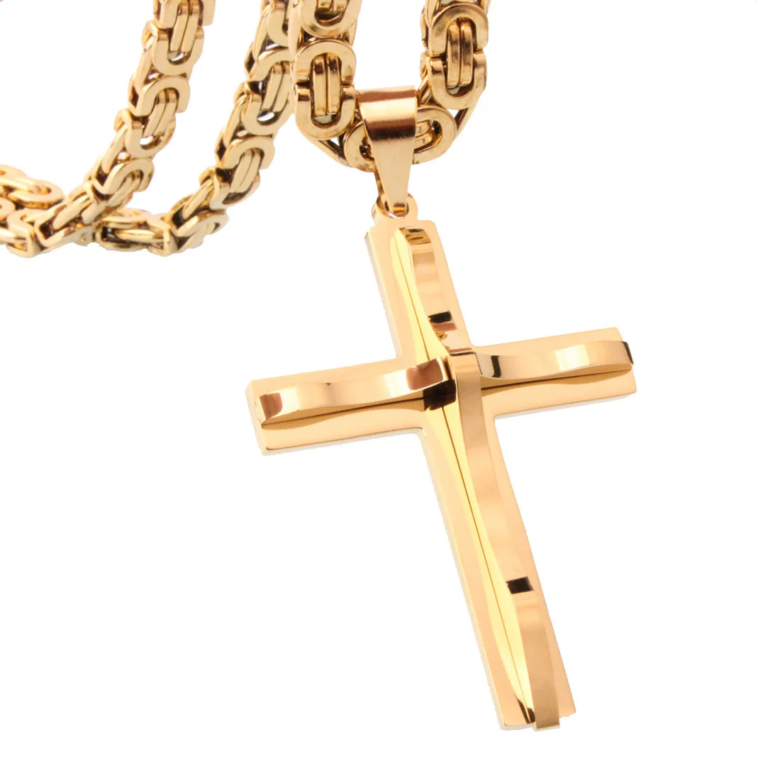 6mm Wide Link Byzantine Chain Choker Necklace for Father Gold Color Heavy Men Necklace Christian Cross Collar Jewelry