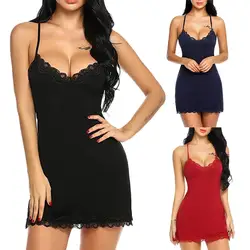 Plus Size Women Nightdress Sexy Solid Color Lace Strappy V Neck Nightdress Mini Sleepwear Lace Silk Sleeveless Slim Nightgown