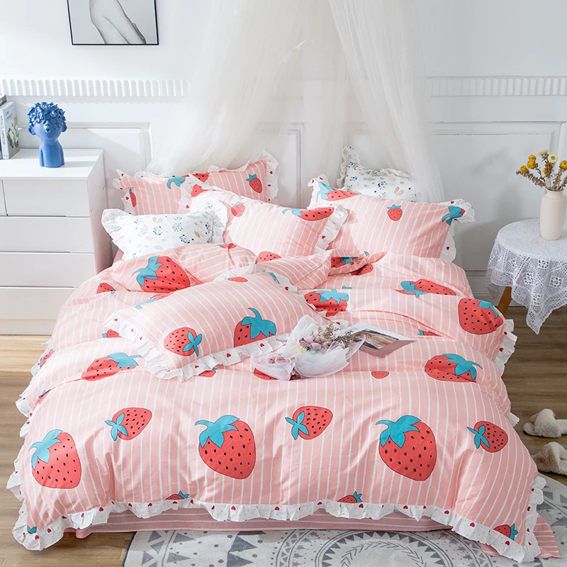 

2023 Newest Four-piece bedding simple cotton double household bed sheet quilt cover dormitory strawberry pink sheet quilt