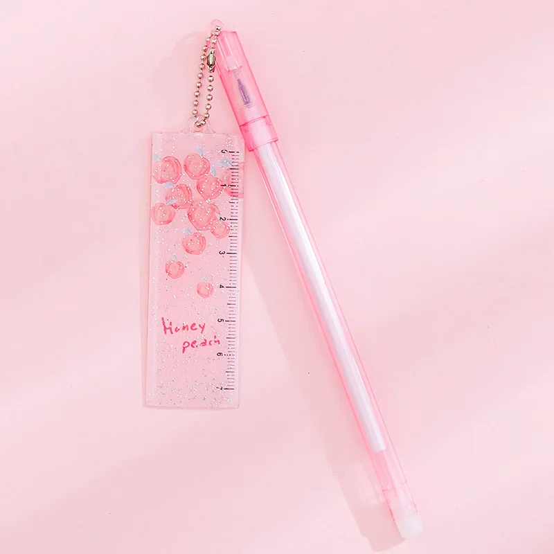 

12 PCs Girl's Heart Peach Ruler Pendant Gel Pens Set Cute Little Fairy Pendant Pen Student Signature Pen School Office Supplies