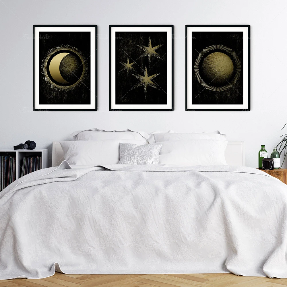 Sun Moon Stars Printable Art, Celestial Gallery Art, Abstract Modern Wall Art, Abstract Boho Shapes, Black Gold Wall Art