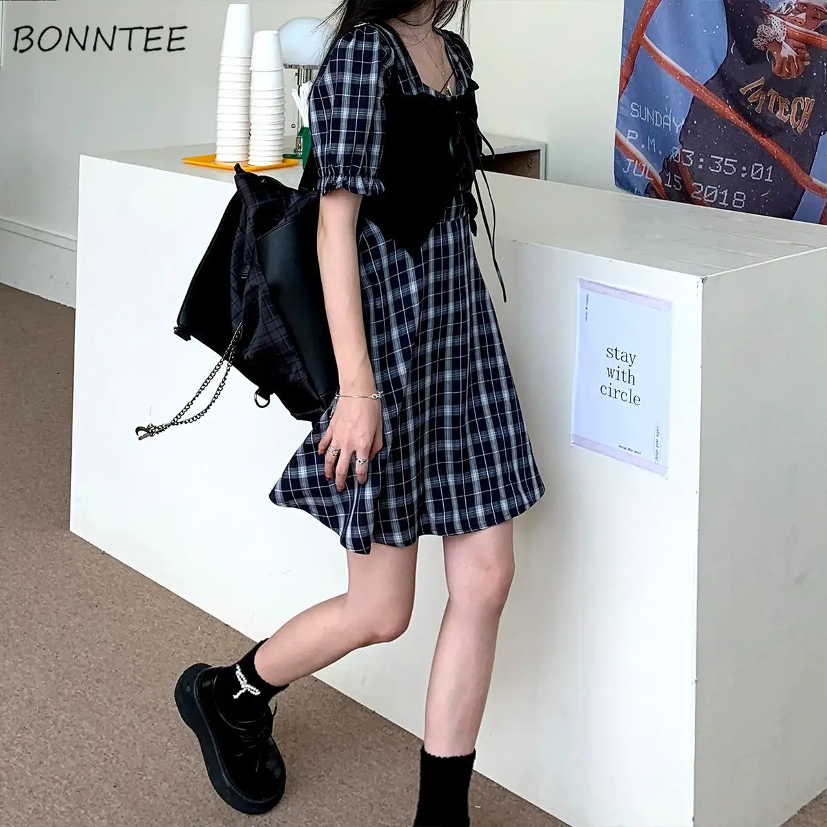 

Dress Women Preppy Street Fashion Plaid Puff Sleeve Summer Mini Empire Elegant Cool Streetwear Harajuku Korean Style Girls Hot