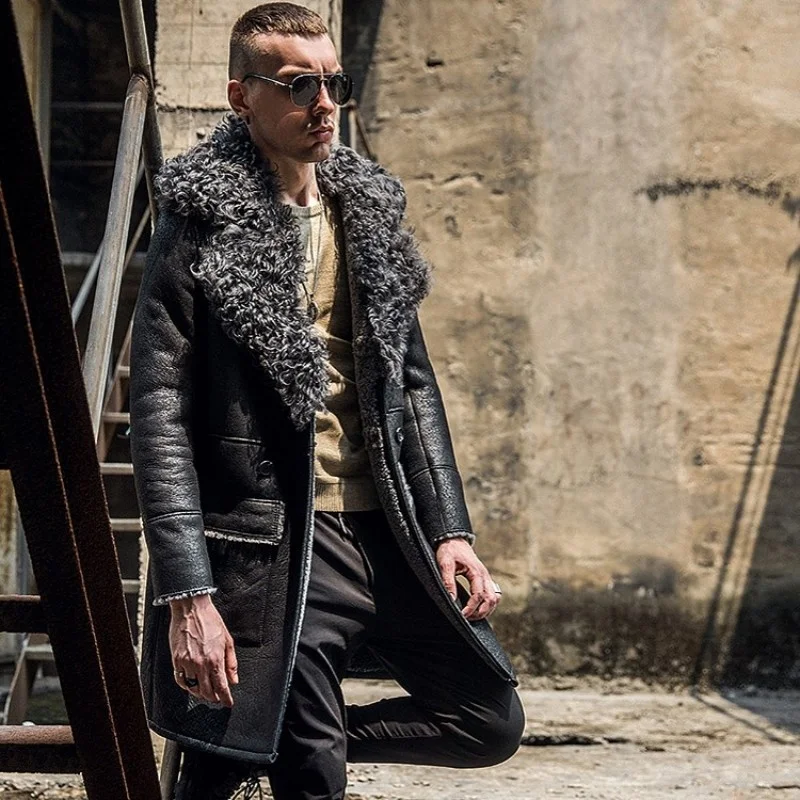 

Men Brand Winter Real Fur Medium-Long Jacket Luxury Thicken Warm Shearling Outerwear Fur Collar Lapel Military Coat Oversize 6XL