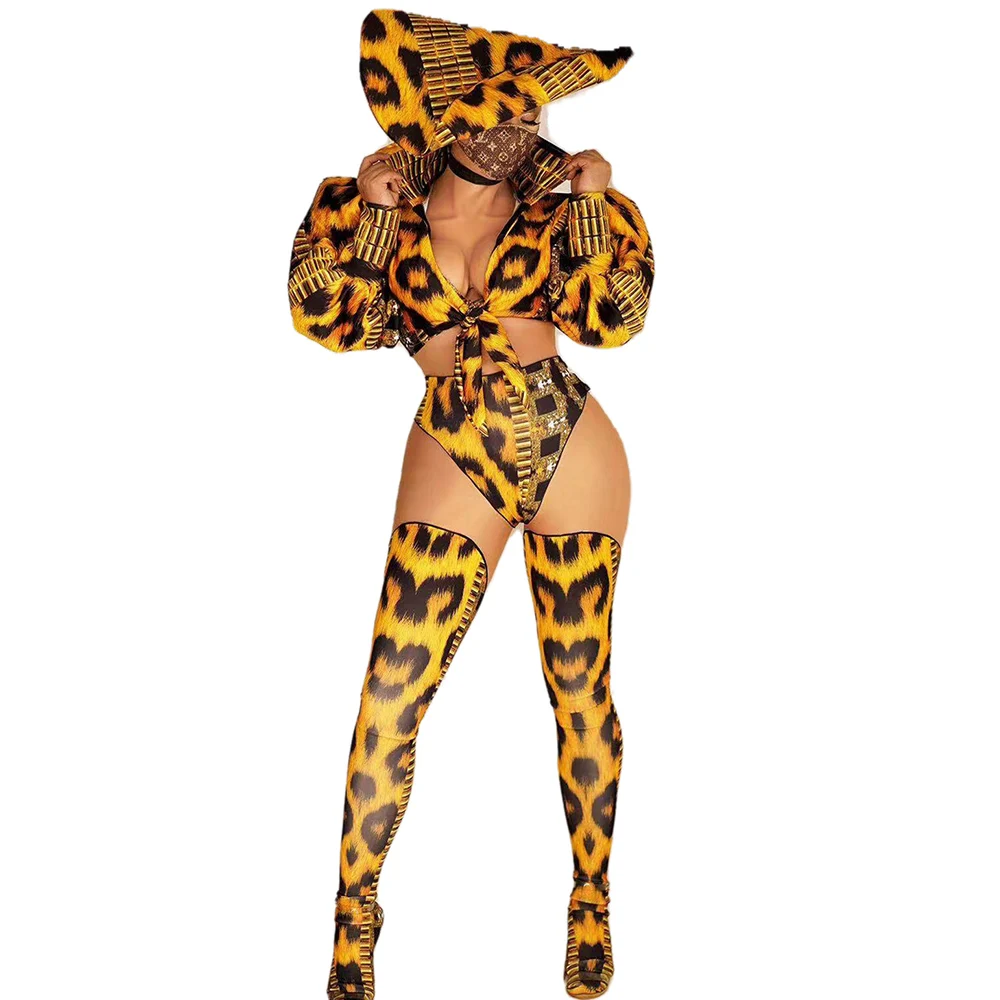 Personality Leopard Turn Down Collar Women Bodysuits Set Shining Asymmetrical Tight Nightclub Wear Show Hat Bar Dance Costume