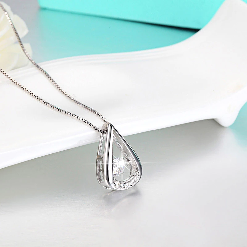 Newest Fashion Elegant Triangle Water Drop Pendant Necklace 925 Sterling Silver Dance Rhinestone CZ Necklaces Women Jewelry Gift