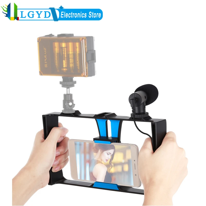 PULUZ Smartphone Video Rig 2 in 1 Live Broadcast Video Cage + Microphone Kits for iPhone, Galaxy, Huawei, Xiaomi, HTC, LG