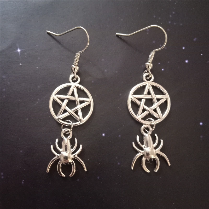 Antique Silver Color Earrings Pentagram Earrings Halloween Jewelry Spider Earrings Punk Earrings for Women