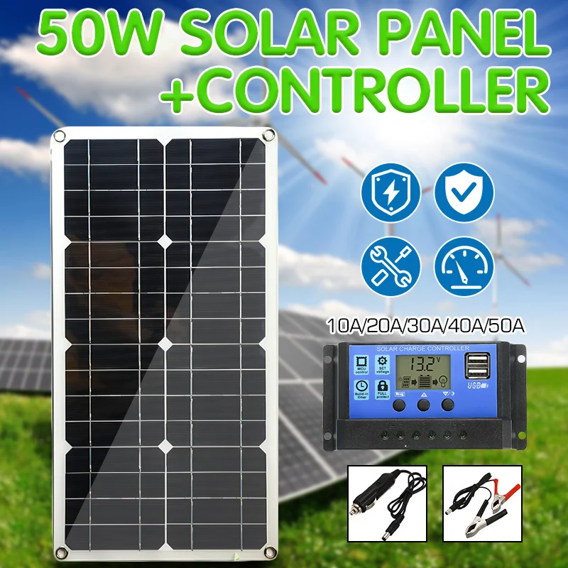 Solar Panel 50W Dual USB Output Solar Cells Poly Solar Panel 10/20/30/40/50A Controller for Car Yacht 12V Battery Boat Charger