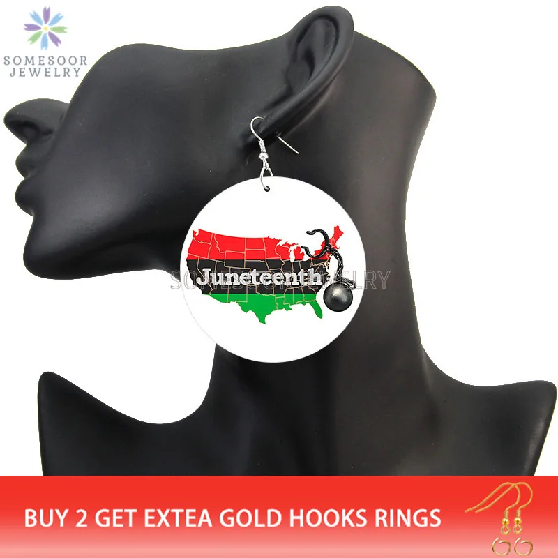 SOMESOOR Juneteenth Freedom Day Printed African Wooden Drop Earrings Black Power Fist Loops Dangle Jewelry For Women Gifts