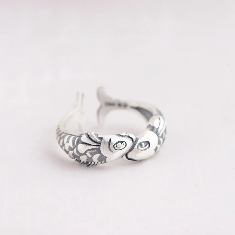 925 Sterling Silver  Open Rings For Women Fashion Girl Sterling-silver-jewelry Fish Rings for Women Adjustable Size Ring