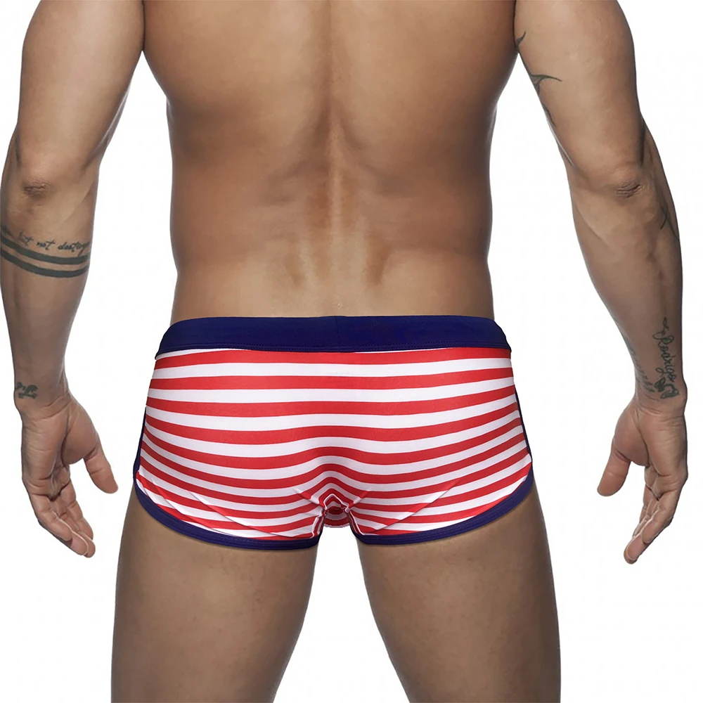 Sexy Mens Swimming Trunks Low Waist Pouch Striped Swimsuit Fashion Male Side Split Bathing Suit Sport Beach Surfing Board Shorts