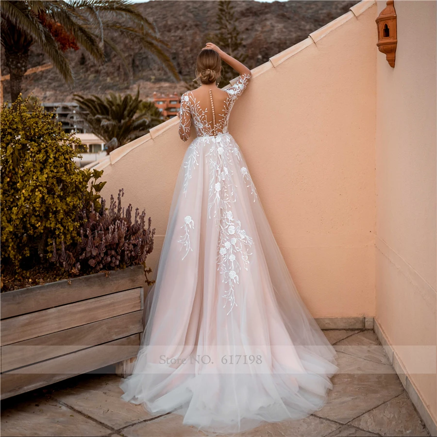 Robe de mariée en dentelle à fleurs, tenue de mariage Sexy, demi-manches, ceinture de perles, balayage, traîne, rose