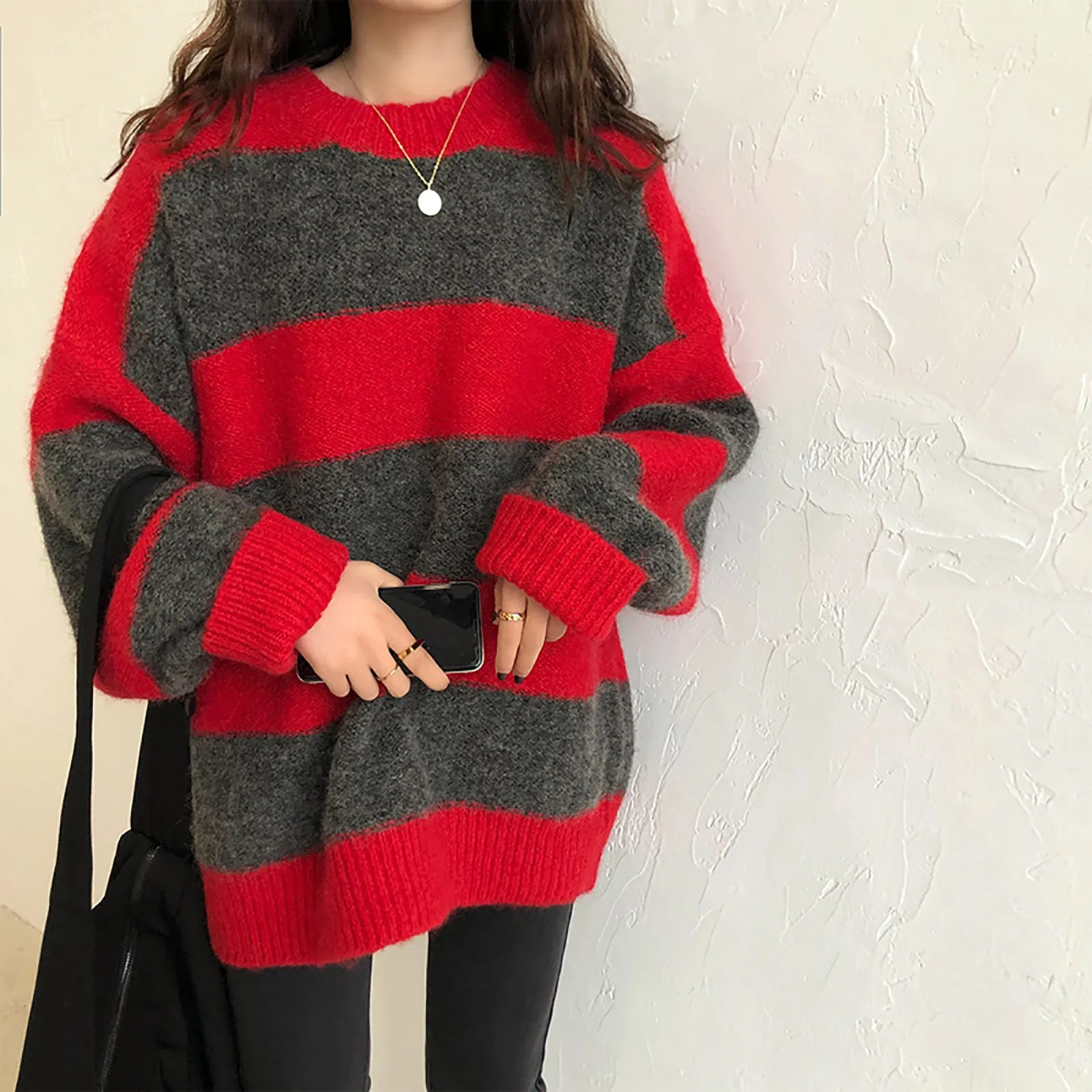 Women Oversized Thin Sweater Vintage Striped Loose Pullover Streetwear Autumn Knitted Long Sleeve Casual Jumper Sueter Mujer