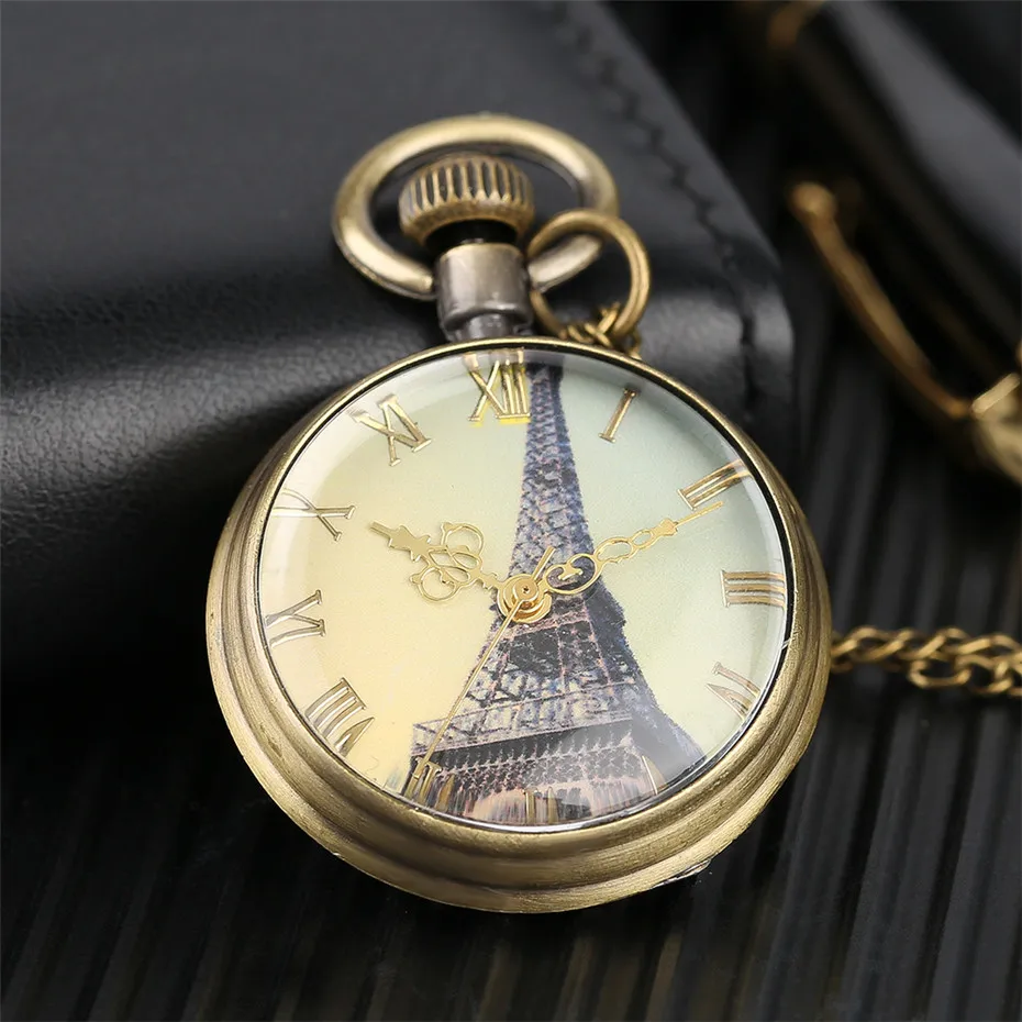 Roman Numerals Display Eiffel Tower Display Bronze Quartz Pocket Watch Vintage Clock Gifts for Men Women M Size Retro Watches