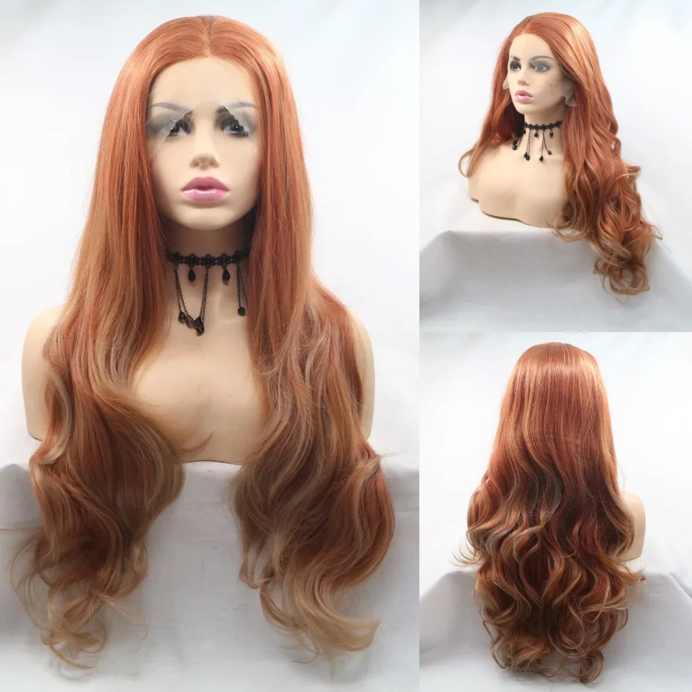 

Sylvia Long Red Synthetic Lace Front Wig Middle Part Ombre Auburn Body Wave Wig Glueless Cosplay Party Wig Women Heat Resistant