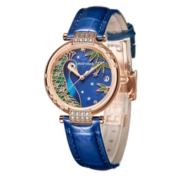 Reef Tiger/RT Gold Rose Women Miyota Movement Automatic Mechanical Watch Genuine Leather Strap Sapphire Glass Waterproof Watches