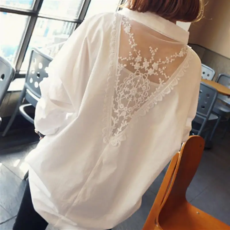 Blouse Women Shirt Women\'s Top Sexy Backless Lace Loose Large Size White Shirt Blusas Ropa De Mujer