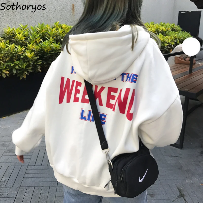 Hoodies Women Letter Printed Loose Hooded Trendy Pockets ThickeningSweatshirts Womens Korean Style Harajuku All-match Chic