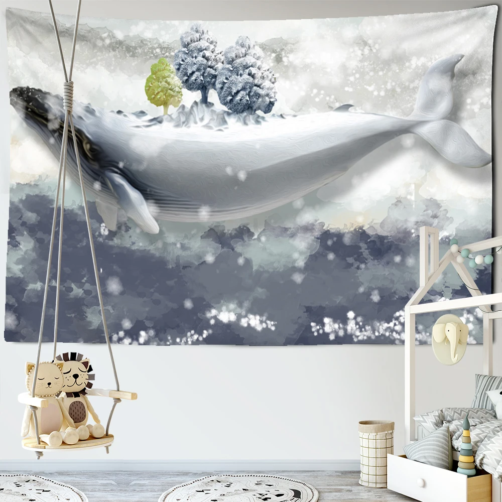 Cartoon Whale Ocean Tapestry Wall Hanging Bohemian Ins Wind Kawaii Animation Art Dormitory Bedroom Home Decor