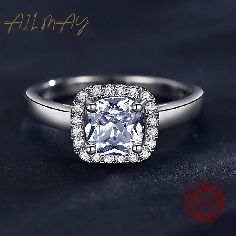 Ailmay-anillos de plata de ley 100% 925 auténtica para mujer, joyería fina minimalista, con dijes de circonita cúbica transparente cuadrada Simple,