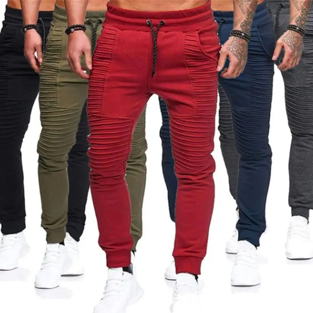 Fashion Men Solid Color Drawstring Elastic Waist Sport Pleated Pants Trousers Elastic Waist Sport Pleated Pants Trousers